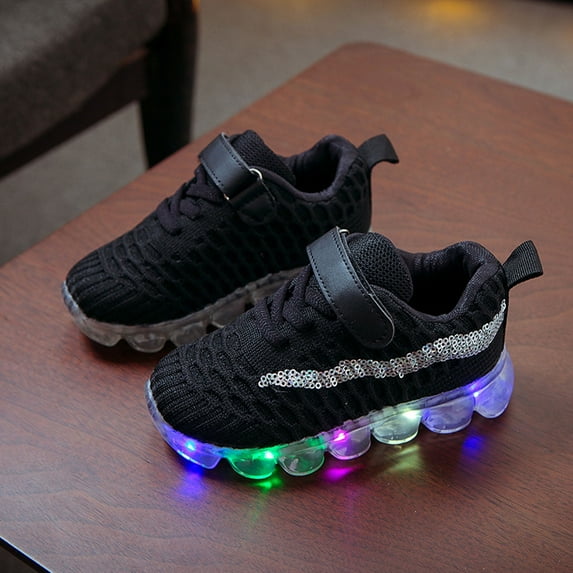 UTTOASFAY Toddler Shoes Toddler Baby Girls Boys Led Glow Breathable Shoes Kids Flying Knit Sequins Sneakers Black 3-3.5 Year