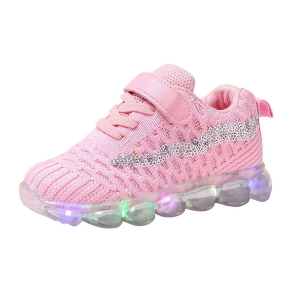 UTTOASFAY Toddler Shoes Toddler Baby Girls Boys Led Glow Breathable Shoes Kids Flying Knit Sequins Sneakers Pink 4-4.5Year