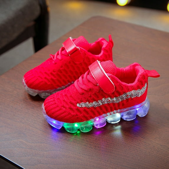 UTTOASFAY Toddler Shoes Toddler Baby Girls Boys Led Glow Breathable Shoes Kids Flying Knit Sequins Sneakers Red 3.5-4 Year