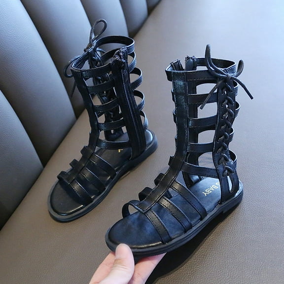 UTTOASFAY Toddler Shoes Toddler Infant Kids Baby Girls Summer Shoes Roman Princess Shoes Open Toe Zip Sandals Black 2.5-3Years
