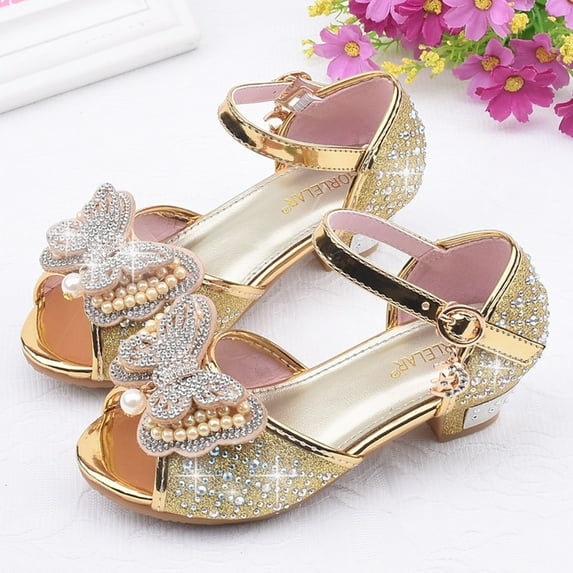 UTTOASFAY Toddler Shoes Toddler Kids Girls Shoes Pearl Butterfly-Knot Crystal Single Princess Shoes Sandals Gold 5-5.5Years