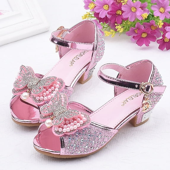 UTTOASFAY Toddler Shoes Toddler Kids Girls Shoes Pearl Butterfly-Knot Crystal Single Princess Shoes Sandals Pink 9Years