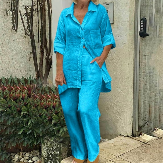 LoyisViDion Trendy Plus Size Women's Fashion Set - 2-Piece Summer Suit with Long Sleeve Trousers in Navy