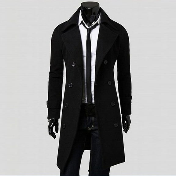 UTTOASFAY Winter Men Slim Stylish Trench Coat Double Breasted Long Jacket Coat Black