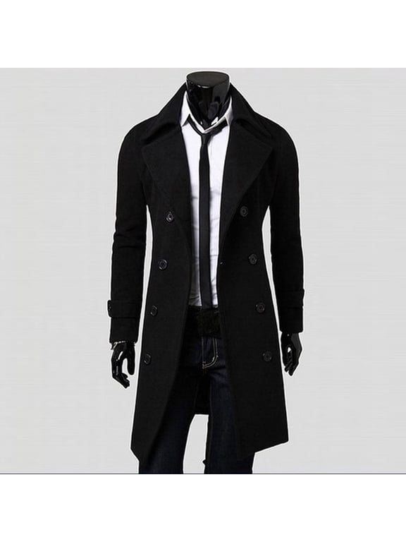 Winter Men Slim Stylish Trench Coat Double Breasted Long Jacket Coat Black 8(L)