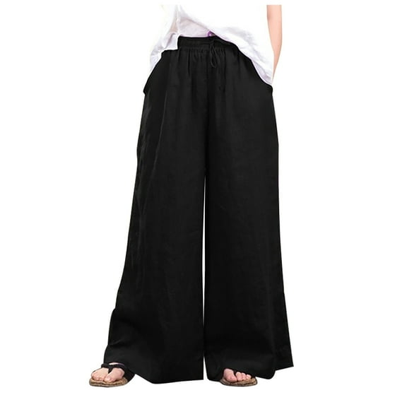 UTTOASFAY Woman Pants Fashion Women Loose Solid Color Pants Casual Wide Leg Pants Cotton Linen Trousers Black XXL