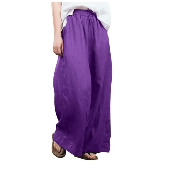 UTTOASFAY Woman Pants Fashion Women Loose Solid Color Pants Casual Wide Leg Pants Cotton Linen Trousers Purple XXXL