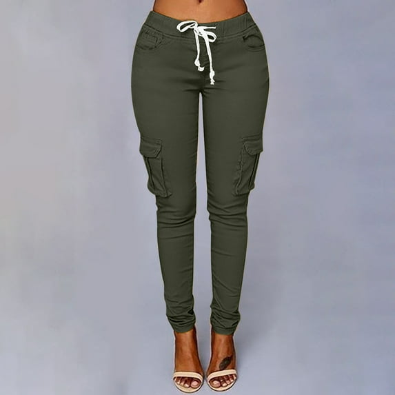 LoyisViDion Woman Pants Fashion Women Plus Size Pants Drawstring Casual Solid Elastic Waist Pocket Loose Pants Army Green 4(S)