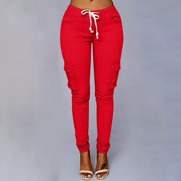 LoyisViDion Woman Pants Clearance Fashion Women Plus Size Pants Drawstring Casual Solid Elastic Waist Pocket Loose Pants Red 12(XXL)