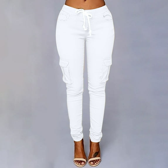 LoyisViDion Woman Pants Fashion Women Plus Size Pants Drawstring Casual Solid Elastic Waist Pocket Loose Pants White 6(M)