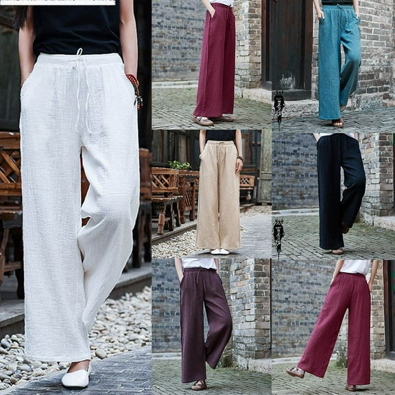 UTTOASFAY Woman Pants Fashion Women Solid Color Pants Linen Sashes Straight Casual Long Pants Trousers Khaki M