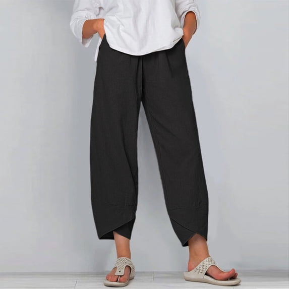 UTTOASFAY Woman Pants Women Casual High Waist Pants Solid Summer Cotton Loose Long Straight Pants Black XL