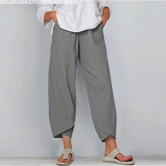 UTTOASFAY Woman Pants Women Casual High Waist Pants Solid Summer Cotton Loose Long Straight Pants Navy M