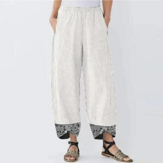 UTTOASFAY Woman Pants Women Casual Pants Cotton Linen Print Irregular Elastic Waist Loose Wide Leg Pants White XXXL