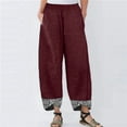 thumbnail image 1 of UTTOASFAY Woman Pants Women Casual Pants Cotton Linen Print Irregular Elastic Waist Loose Wide Leg Pants Wine L, 1 of 3