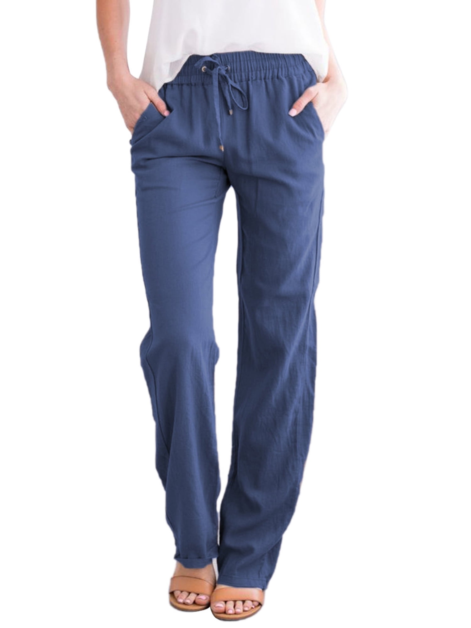 LoyisViDion Woman Pants Clearance Women Casual Pants Cotton and Linen Solid Drawstring Elastic Waist Long Straight Pants Blue M