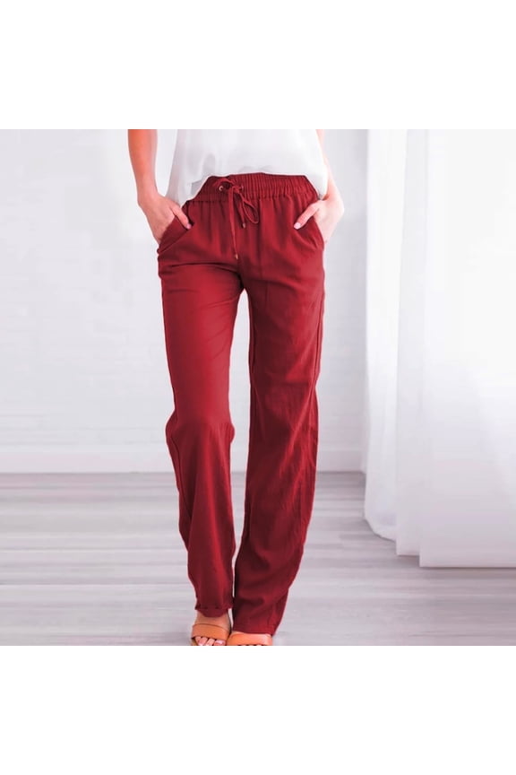 UTTOASFAY Woman Pants Women Casual Pants Cotton and Linen Solid Drawstring Elastic Waist Long Straight Pants Red XXL