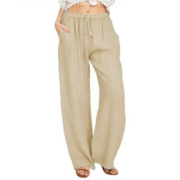 LoyisViDion Woman Pants Women Casual Solid Pants Cotton Linen Drawstring Elastic Waist Long Wide Leg Pants Khaki 12(XXL)