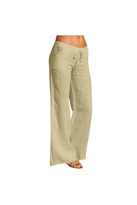 UTTOASFAY Woman Pants Women Casual Solid Pants Cotton Linen Elastic Waist Drawstring Long Wide Leg Pants
