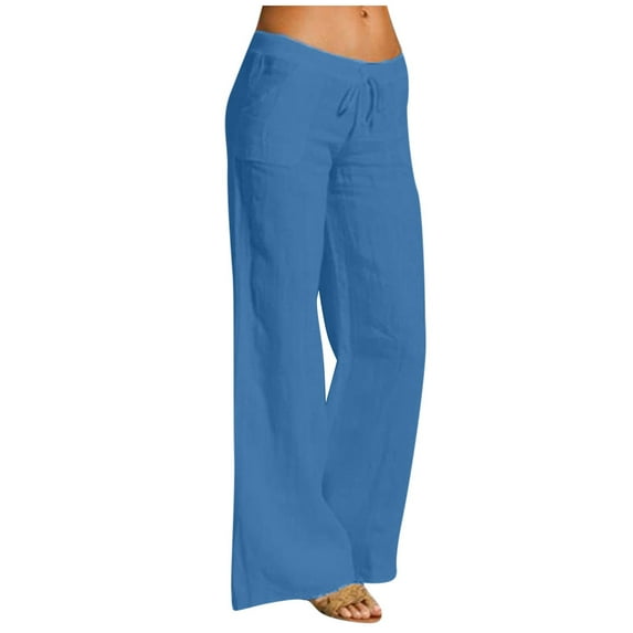 UTTOASFAY Woman Pants Women Casual Solid Pants Cotton Linen Elastic Waist Drawstring Long Wide Leg Pants Blue XXL