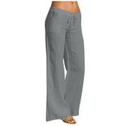 UTTOASFAY Woman Pants Women Casual Solid Pants Cotton Linen Elastic Waist Drawstring Long Wide Leg Pants Gray XXXXXL