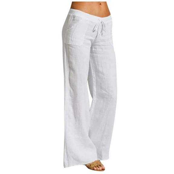 UTTOASFAY Woman Pants Women Casual Solid Pants Cotton Linen Elastic Waist Drawstring Long Wide Leg Pants White L