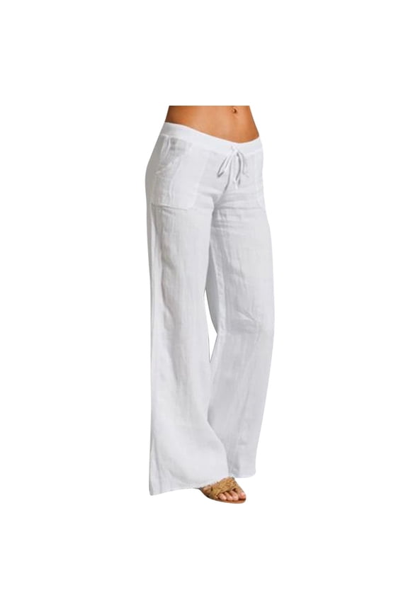 UTTOASFAY Woman Pants Women Casual Solid Pants Cotton Linen Elastic Waist Drawstring Long Wide Leg Pants White L