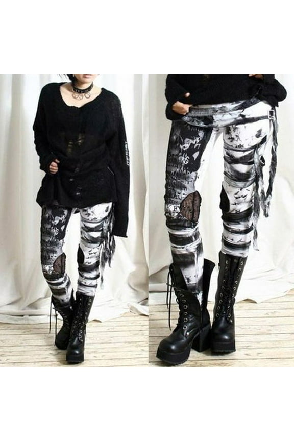 UTTOASFAY Woman Pants Women's Cool Ultra Gathered Pants Gothic Rocker Distressed Punk Tie Leggings Gray L