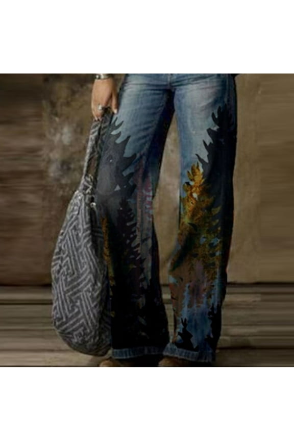 UTTOASFAY Woman Pants Women'S Fashion Comfortable Pants Printed Straight Jeans Casual Trousers Pants Navy 6(M)