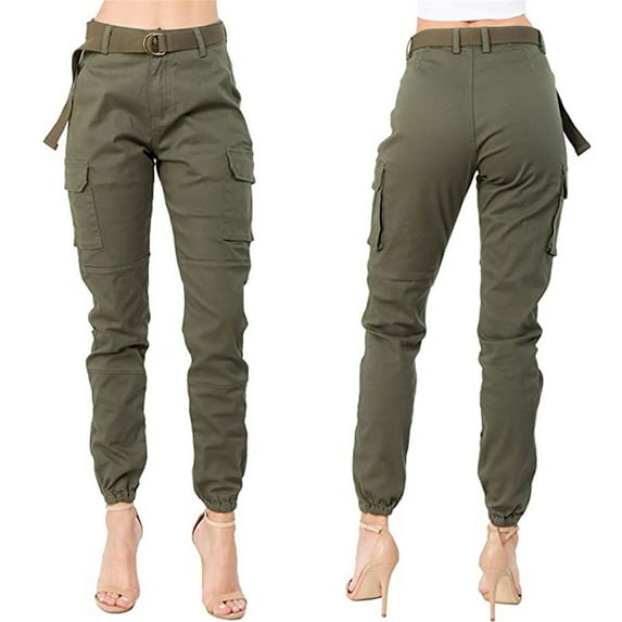 UTTOASFAY Woman Pants Women'S High Waist Pants Slim Fit Jogger Cargo Solid Color Pants with Matching Belt Army Green XXL