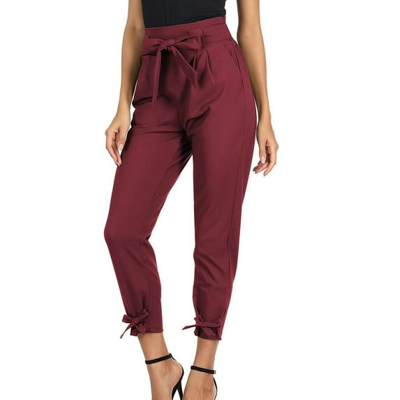 UTTOASFAY Woman Pants Women'S High Waist Pants Tie Up All Match Casual Corset Women'S Trousers Pants Wine 6(M)