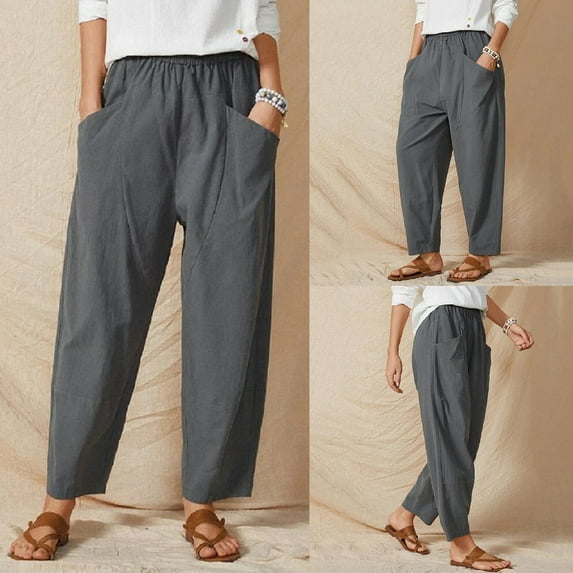 UTTOASFAY Woman Pants Women'S Solid Pants Pocket Elastic Waist Cotton Hemp Loose Casual Harem Pants Gray XXL