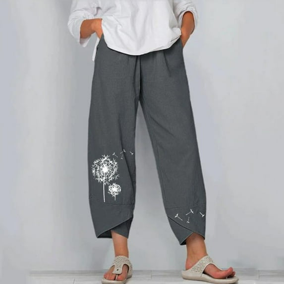 UTTOASFAY Woman Pants Women's Summer Casual Pants Loose Cotton and Linen Embroidered Wide-Leg Pants Gray S