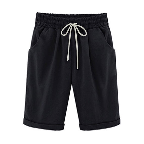 UTTOASFAY Woman Pants Women'S Summer Pants Solid Five Points Large Size Cotton Linen Pants Casual Pants Black 24(XXXL)