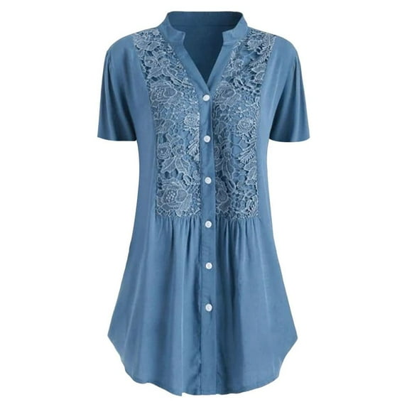 UTTOASFAY Womans Shirts Fashion Women Casual Plus Size Lace Tops Solid Short Sleeves V-Neck Shirt Blouse Tops Blue 16(XXXXL)