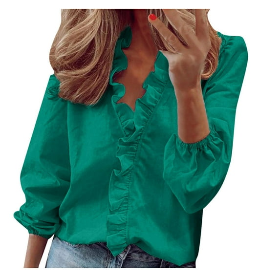 UTTOASFAY Womans Shirts Women Casual Full Sleeve V-Neck Tops Loose Shirts Plus Size Women Clothing Green 10(XL)