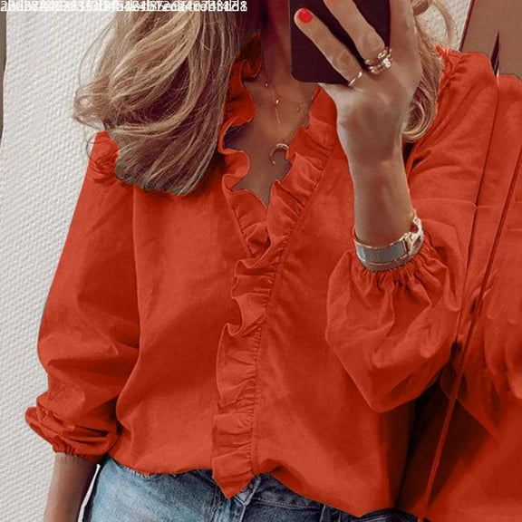 UTTOASFAY Womans Shirts Women Casual Full Sleeve V-Neck Tops Loose Shirts Plus Size Women Clothing Orange 8(L)