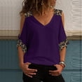 thumbnail image 1 of LoyisViDion Womans Shirts Clearance Women Casual Leopard Print Blouse Short Sleeve V-Neck Cold Shoulder Shirt Blouse Tops Purple S, 1 of 6