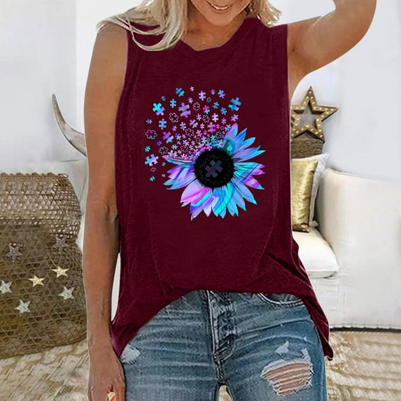 LoyisViDion Womans Shirts Clearance Women Letters Printing Sleeveless Tops O-Neck Vest Tank Shirt Tunic Blouse Tops Wine M