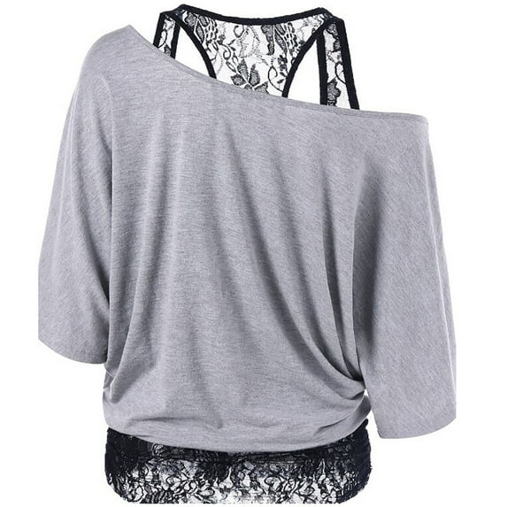 UTTOASFAY Womans Shirts Women Plus Size Lace Tops Loose Casual Long Sleeve Tops Blouse Shirt Gray 6(S)