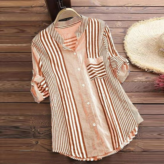 UTTOASFAY Womans Shirts Women Plus Size Three Quarter Striped Print V-Neck Loose Fit Top T-Shirt Blouse Orange 10(L)