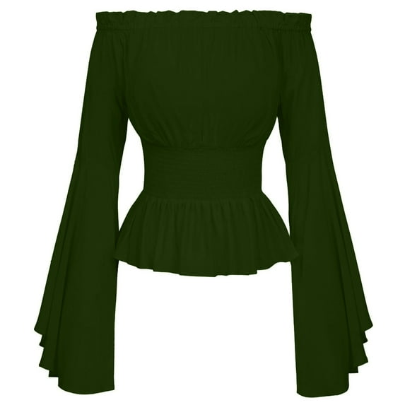 LoyisViDion Womans Shirts Clearance Women Retro Vintage Slash Neck Solid Flare Sleeve Shirt Casual Loose Tops Blouse Green L