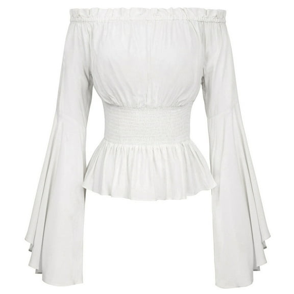 UTTOASFAY Womans Shirts Women Retro Vintage Slash Neck Solid Flare Sleeve Shirt Casual Loose Tops Blouse White L