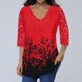 thumbnail image 1 of UTTOASFAY Womans Shirts Women'S Lace 3/4 Sleeve V Neck T Shirt Ladies Floral Blouse Tunic Tops Plus Size Red M, 1 of 5