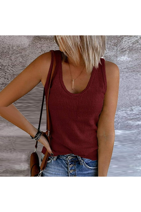 UTTOASFAY Womans Shirts Women's Solid Tank Tops Sleeveless U-Neck Base Shirt Summer Casual Workout Tees Wine 6(M)