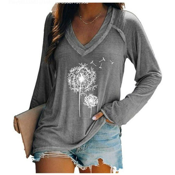 UTTOASFAY Womans Shirts Clearance Women'S V-Neck Printing Loose Casual Tops Fashion Autumn Long Sleeve T-Shirt Tops Gray 10(XL)