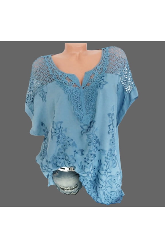 UTTOASFAY Womans Shirts Women Summer O-Neck Short Sleeve Tops Hollow Out Solid Casual Blouse Top T-Shirt Blue XXXXXL