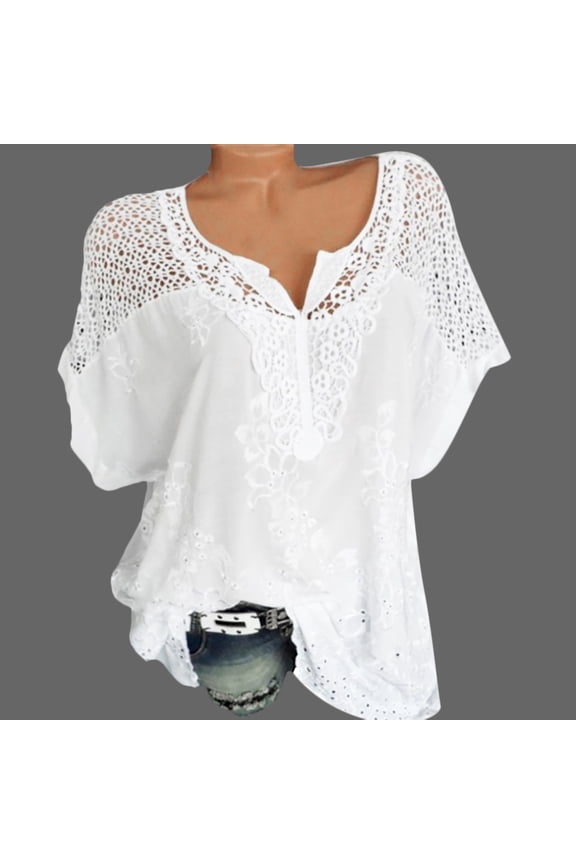 Womans Shirts Women Summer O-Neck Short Sleeve Tops Hollow Out Solid Casual Blouse Top T-Shirt White XL