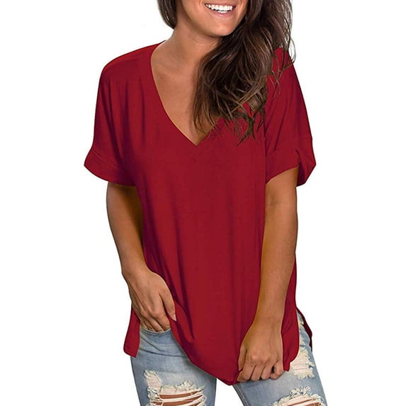 UTTOASFAY Womans Shirts Women Summer V Neck Short Sleeve Shirt Casual Tunic Tops Blouse Wine L
