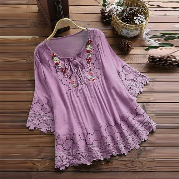 LoyisViDion Women Blouses Clearance Women Vintage Lace Patchwork Bow V-Neck Three Quarter Blouses Top T-Shirt Special offers Purple 24(XXXXL)